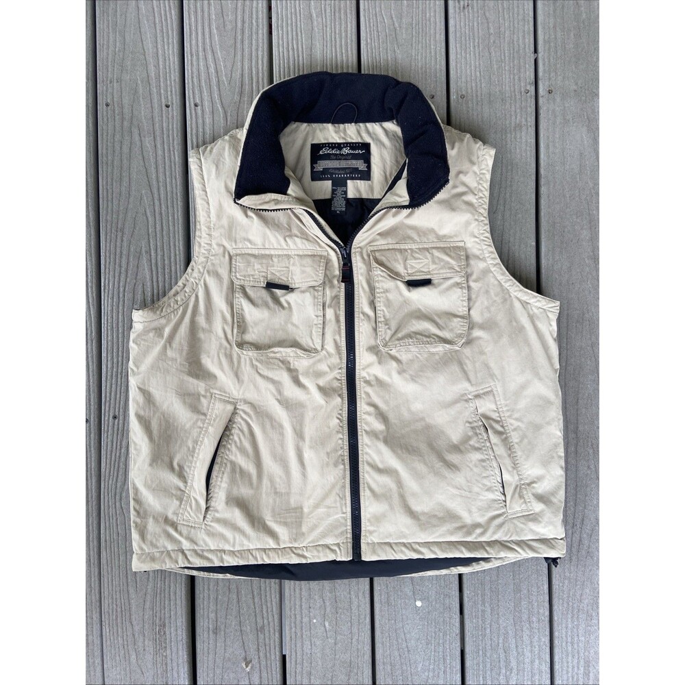 Vintage Eddie Bauer Khaki Goose Down Puffer Outdoor Vest Mock Neck XL Hiking